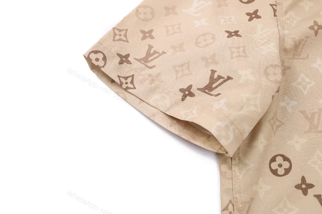 View 8 of Light Beige LV Monogram Floral Short-Sleeve Button-Up Shirt