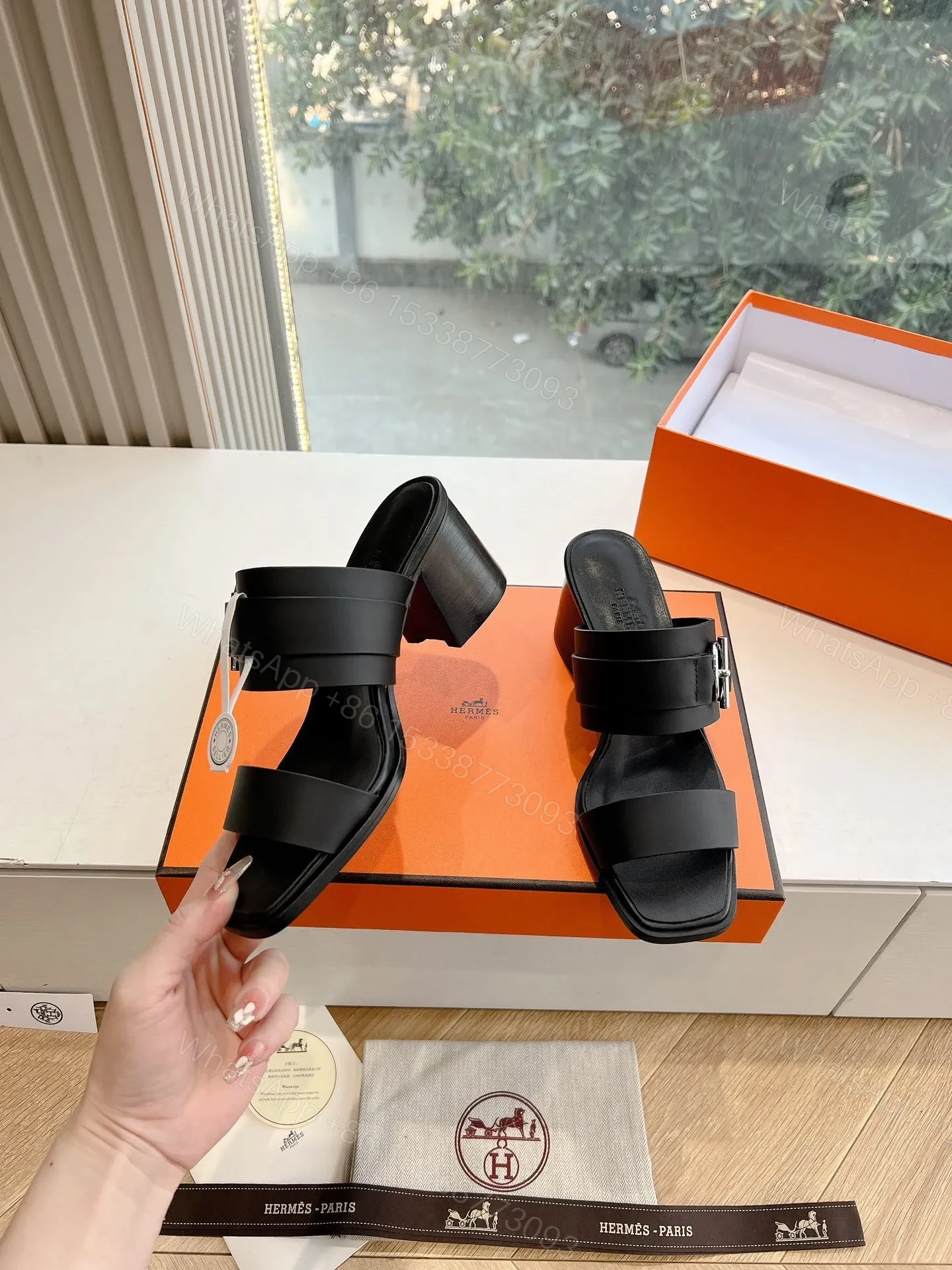 View 6 of Hermes Women Black Leather Buckle Mules