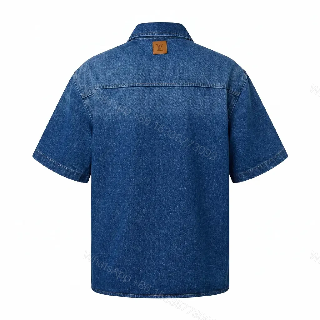 View 10 of Blue Denim Shirt Short Sleeves with Pocket Front Button-Up