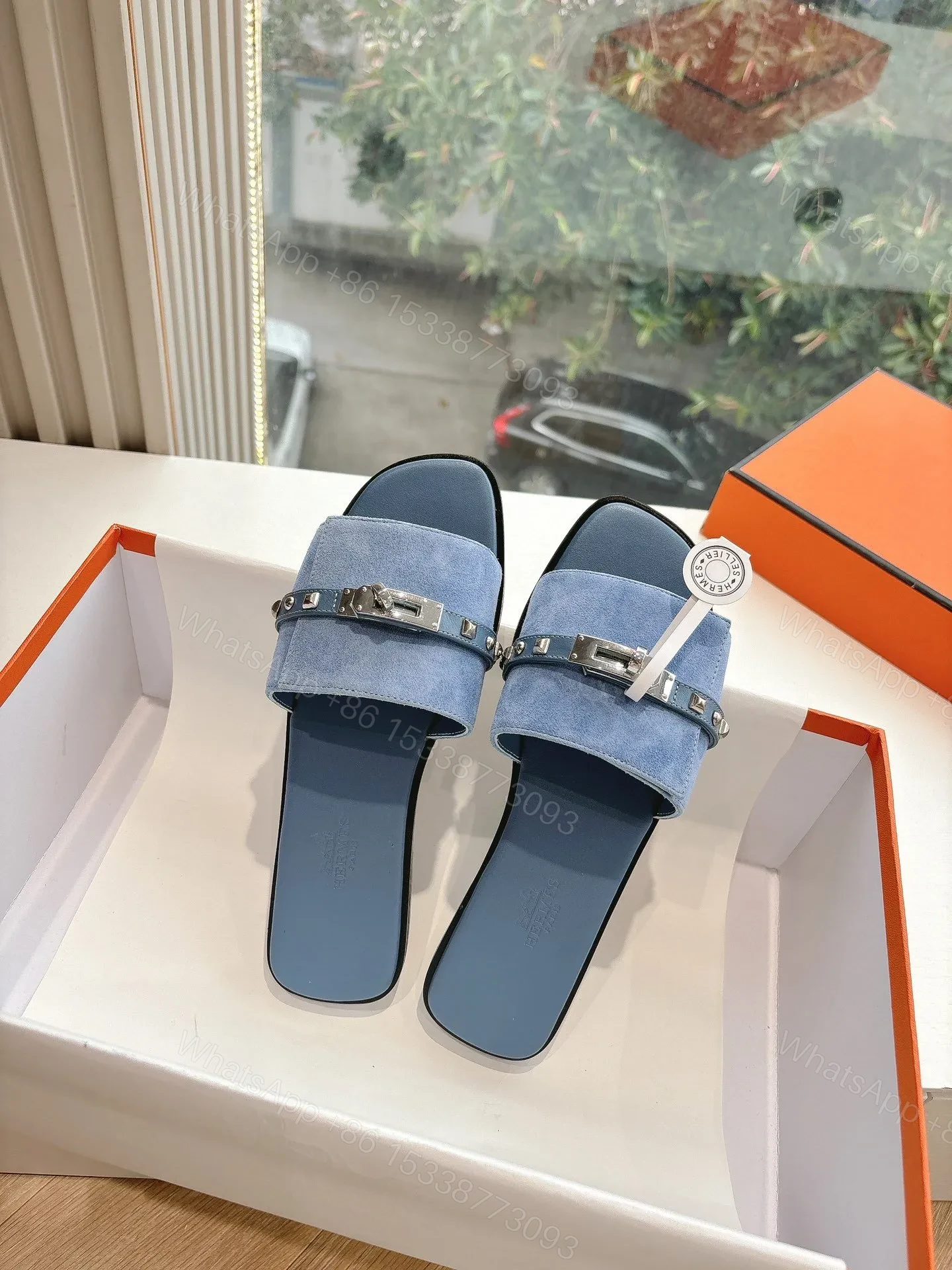 View 5 of Hermes Women Blue Suede Flat Slide Sandals