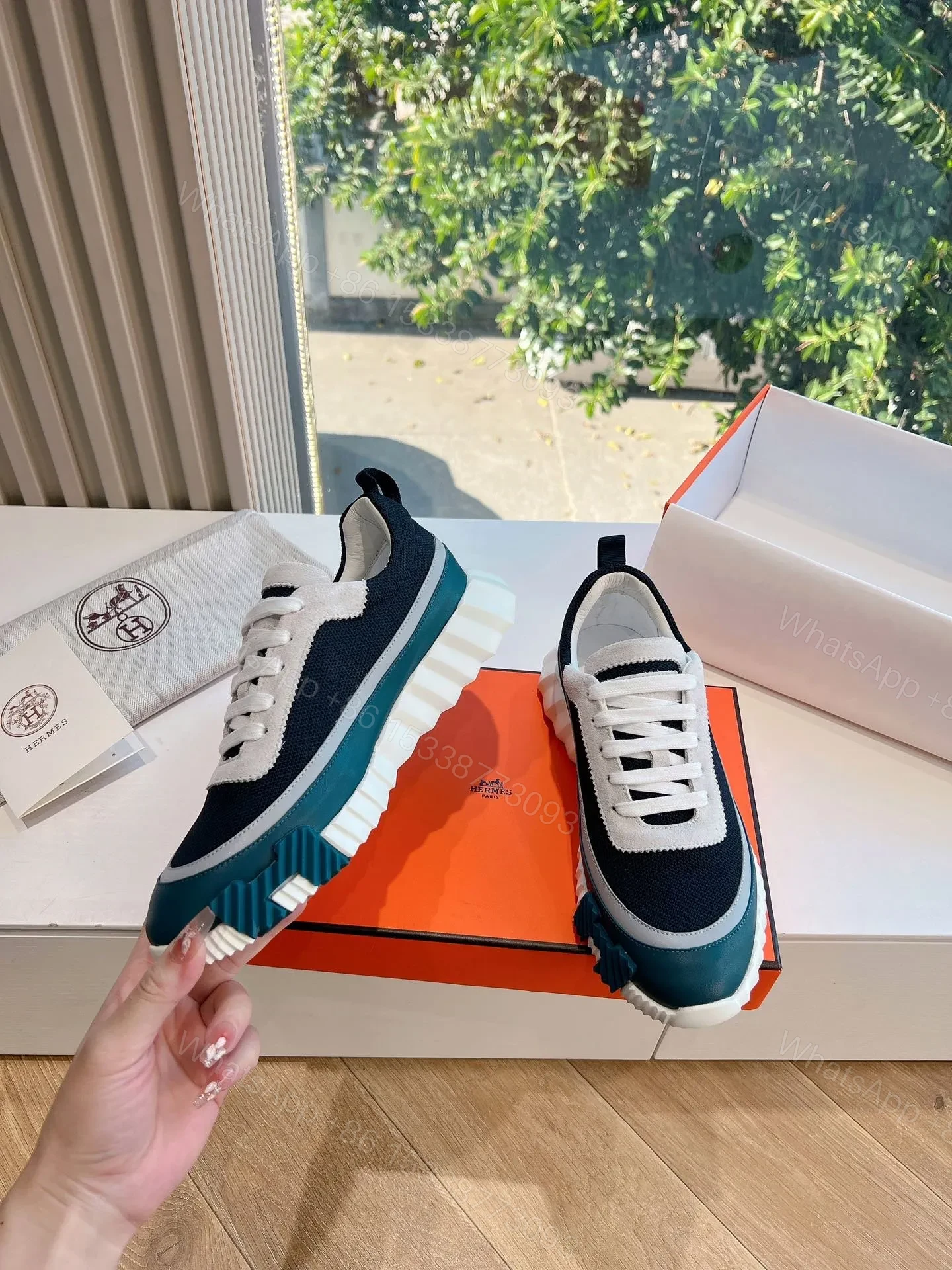 View 2 of Hermes Women Navy Blue White Mesh Sneakers