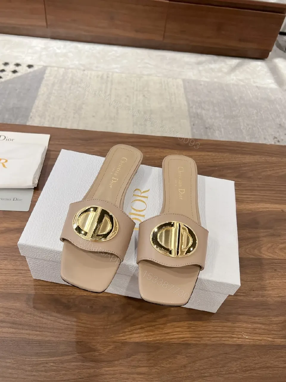 View 2 of Beige Leather Slide Sandals with Gold Logo Buckle, Dior Style