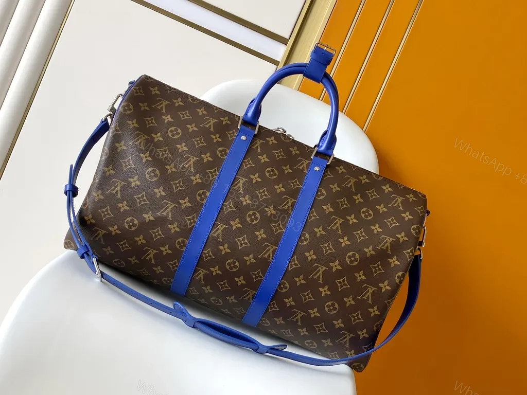 View 2 of Bold Monogram Weekend Bag: Electric Blue Straps, Luxe Travel