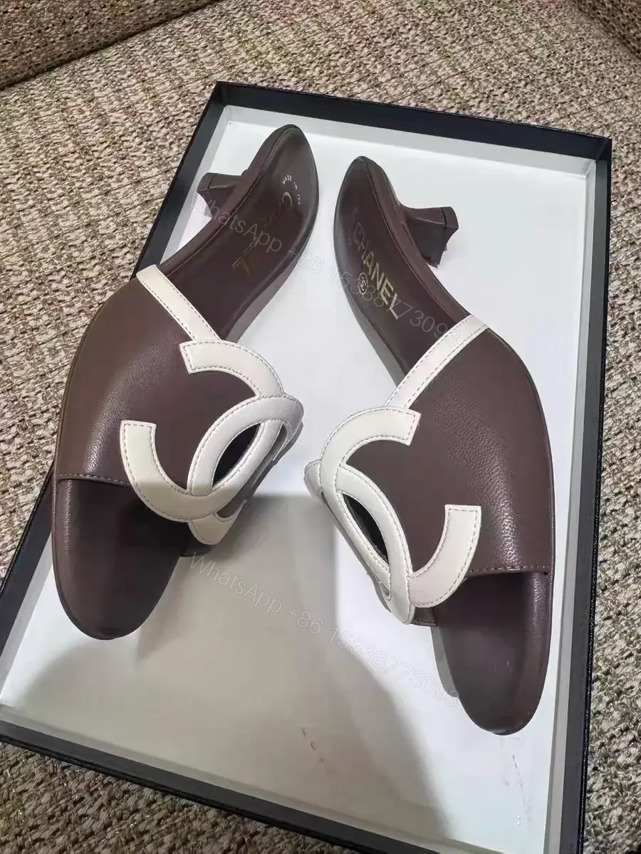 View 7 of Brown Leather Slides White Logo Interlock Chanel Sliders