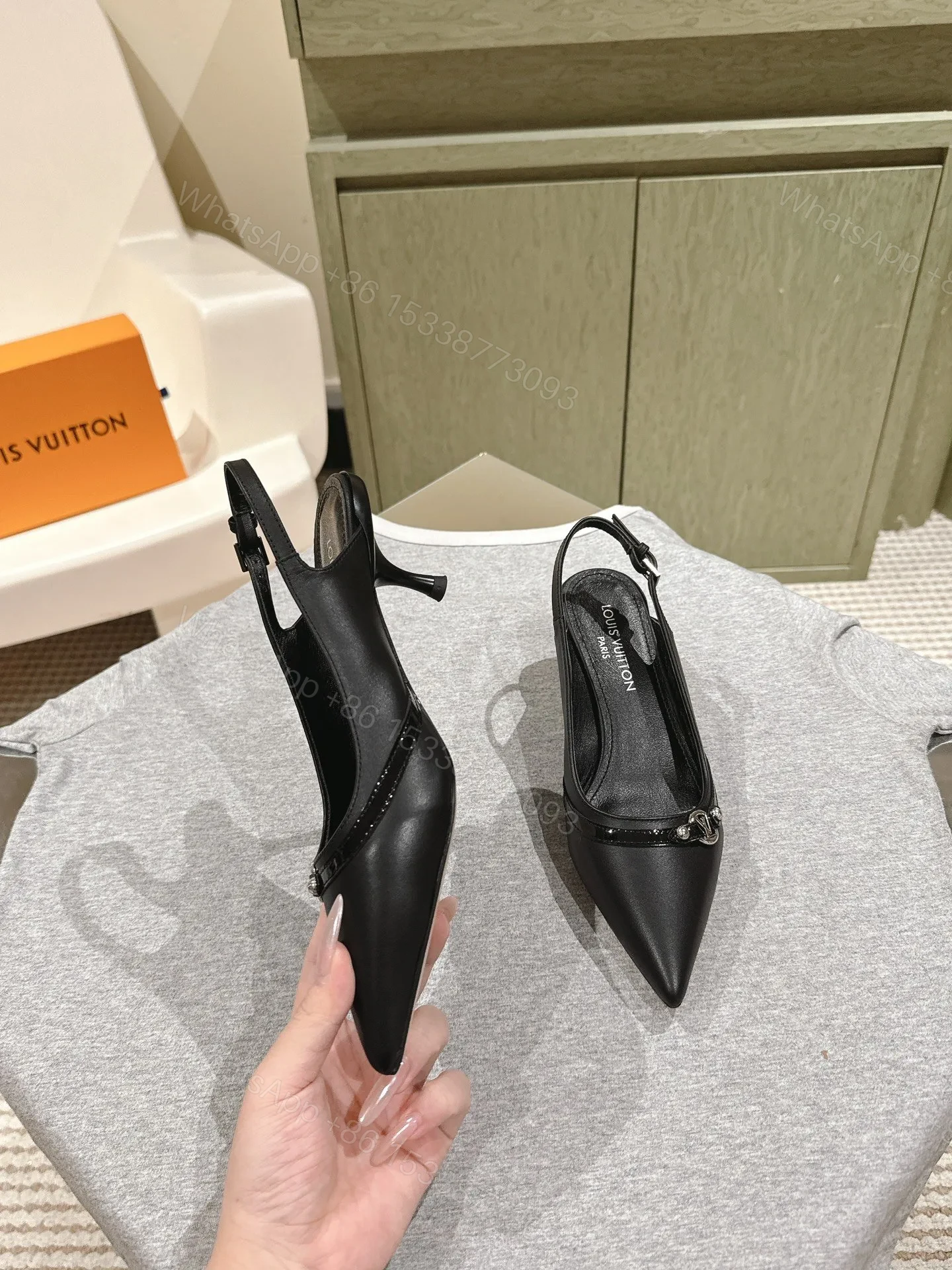 View 4 of LV Women Black Leather Slingback Heels