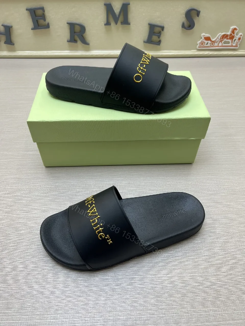 View 7 of Chic Faux-Leather Slide Sandals with Gold Logo Comfort