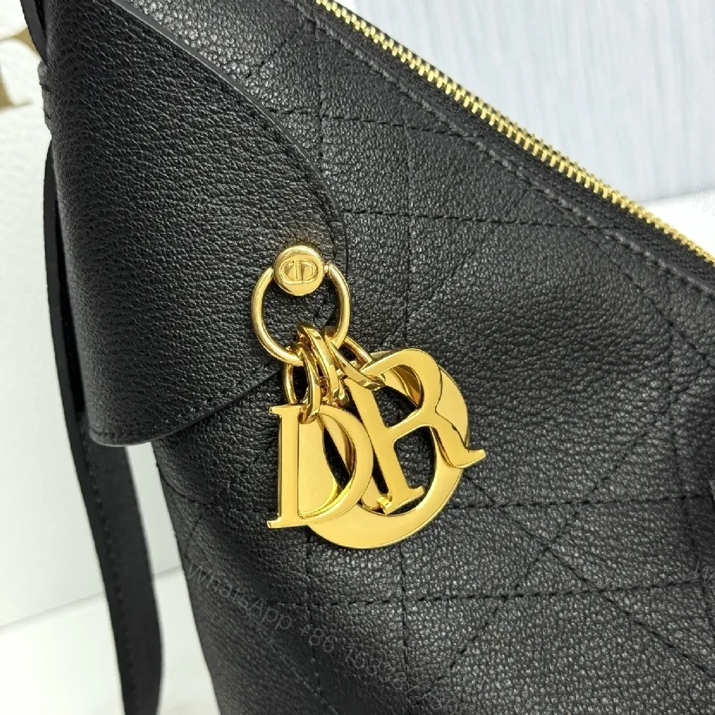 View 7 of Chic Black Leather Hobo Bag with Gold Charms