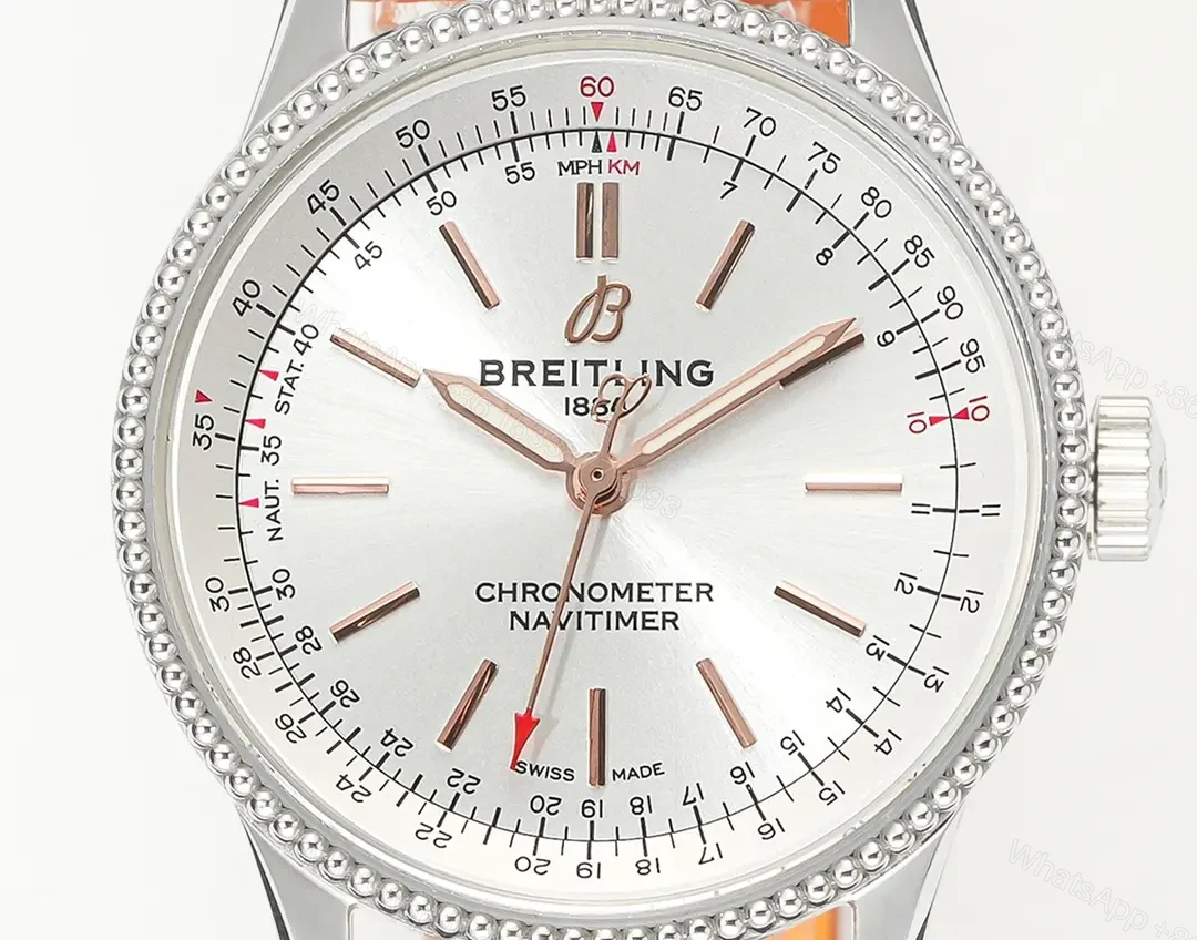 View 3 of V9 Factory Breitling Women’s Navitimer Automatic Watch – Silver Dial, Orange Leather Strap, 35mm Stainless Steel Case