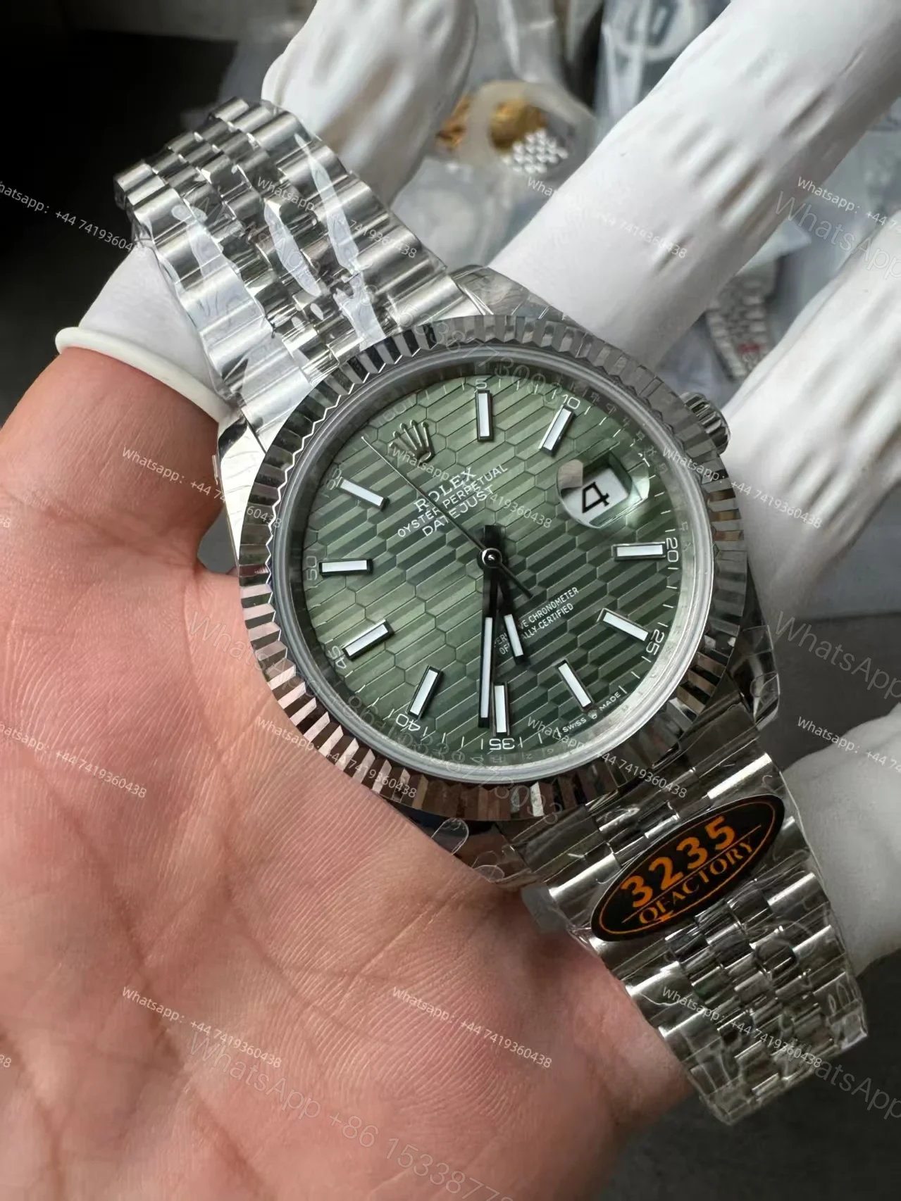 View 4 of Rolex Datejust M126334-0030 Water Ripple Green Dial 1:1 Replica Jubilee 41MM 3235 Movement Super Clone Watch