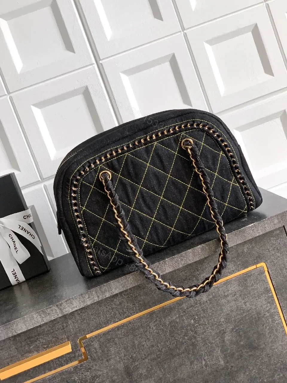 View 7 of Black Velvet Compact Handbag with Gold Stitching