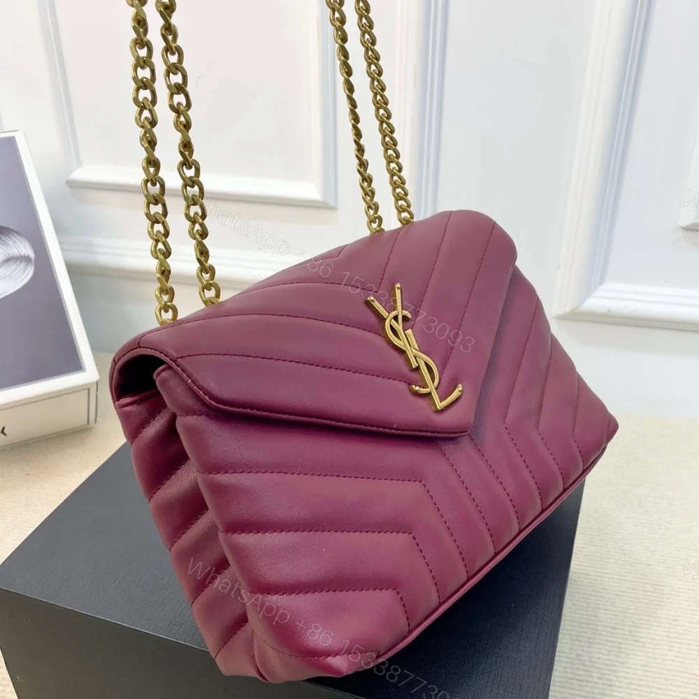 View 5 of Saint Laurent Loulou Medium Chain Bag In Matelassé Y Burgundy Gold 26Cm