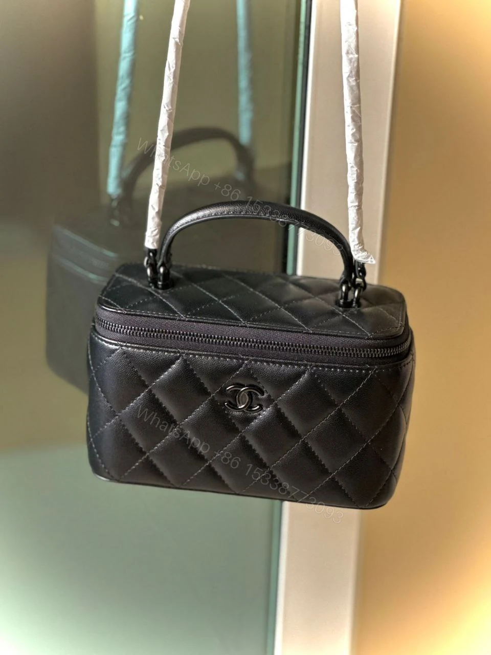 View 2 of Chanel Lambskin Quilted Small Top Handle Vanity Case With Chain
