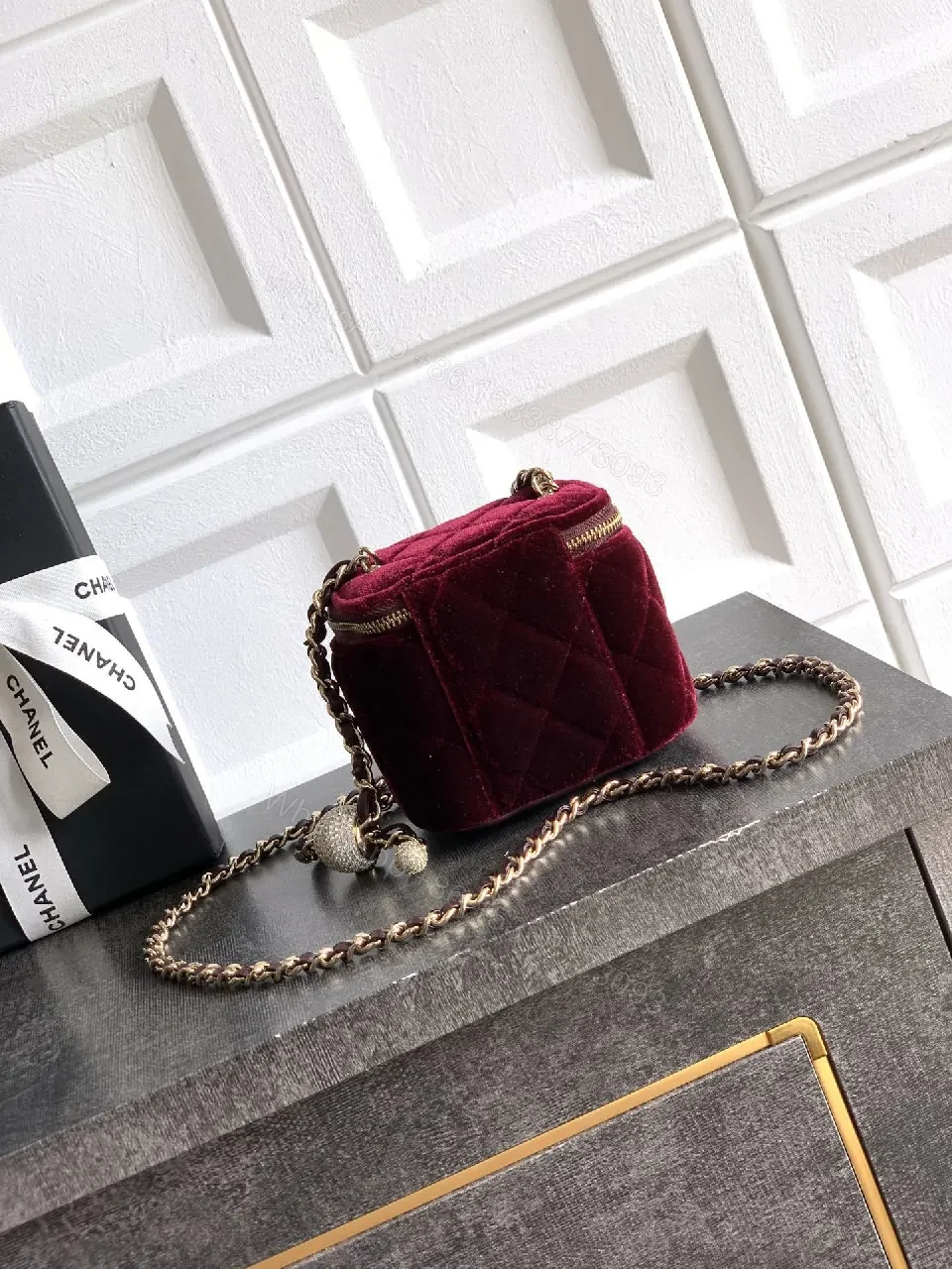 View 7 of Burgundy Velvet Chain Bag with Gold Accents, Compact Luxury