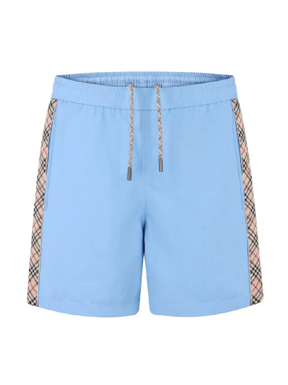 View 11 of Light Blue Cotton-Blend Swim Shorts with Burberry-Check Side Strips