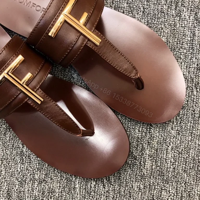 View 5 of Brown Leather T-Bar Sandal with Gold Hardware - Tom Ford Style