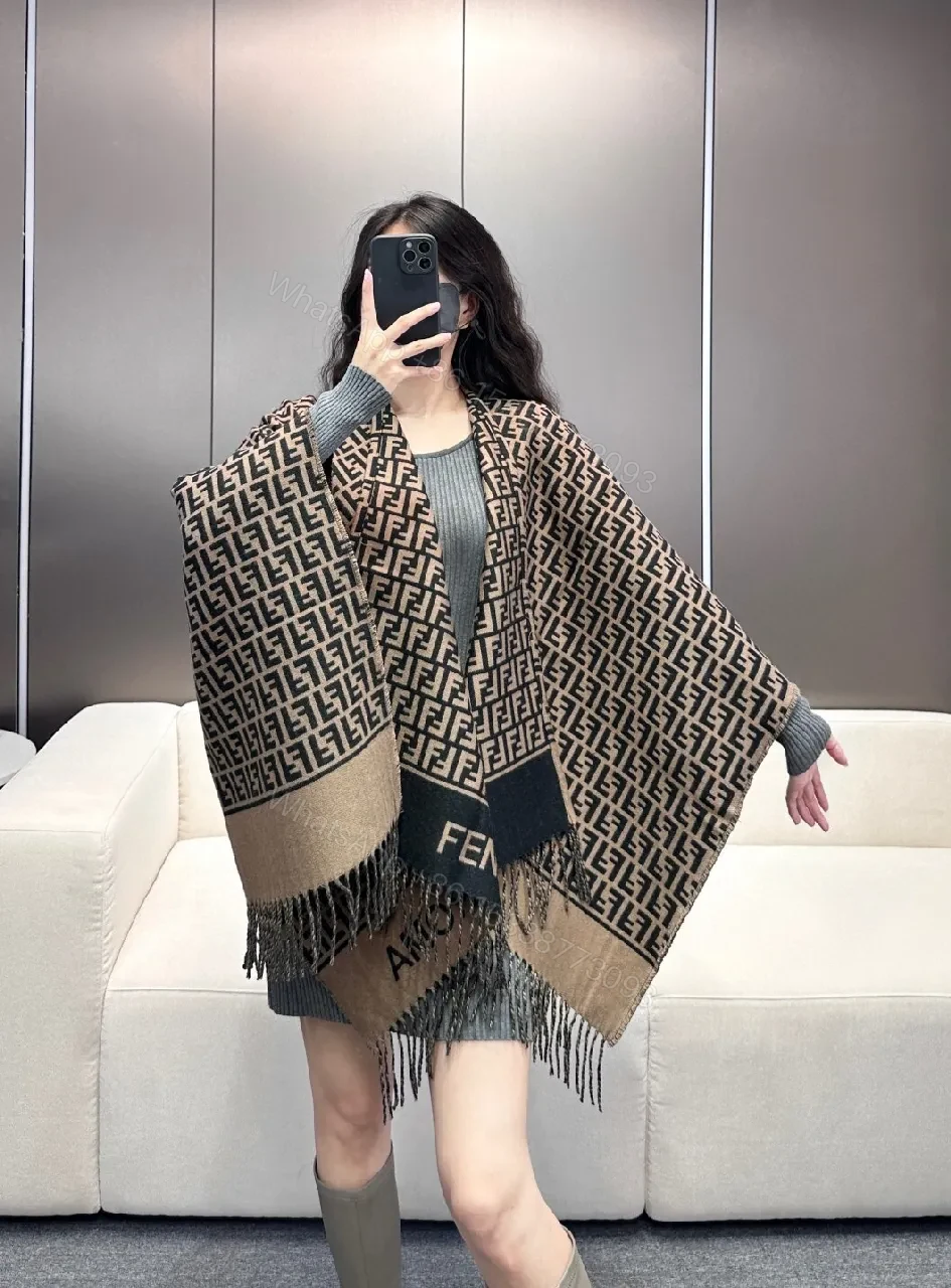View 9 of Two-Tone Knit Wrap Poncho: Open-Front Fringe, Cozy Luxury