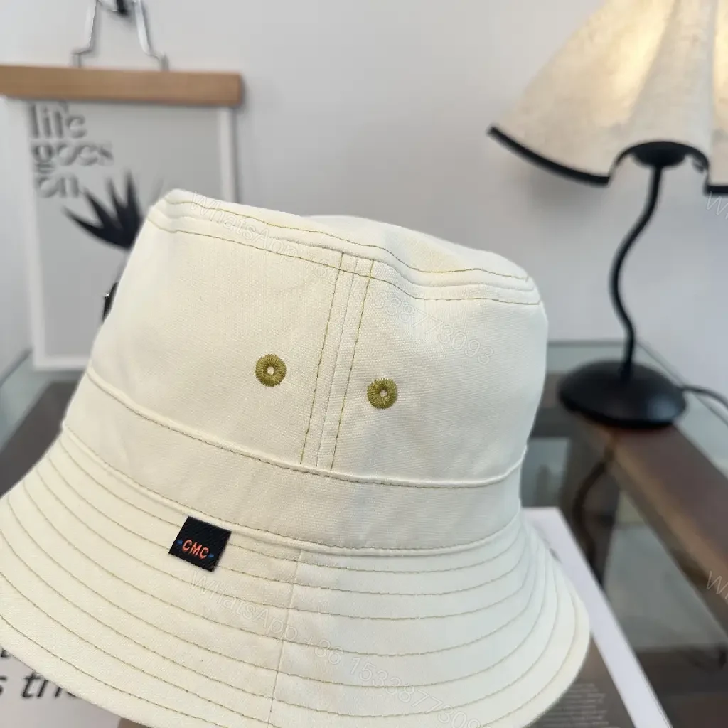 View 2 of White Bucket Hat Cotton Classic Stitch Brim, Minimal Logo Patch