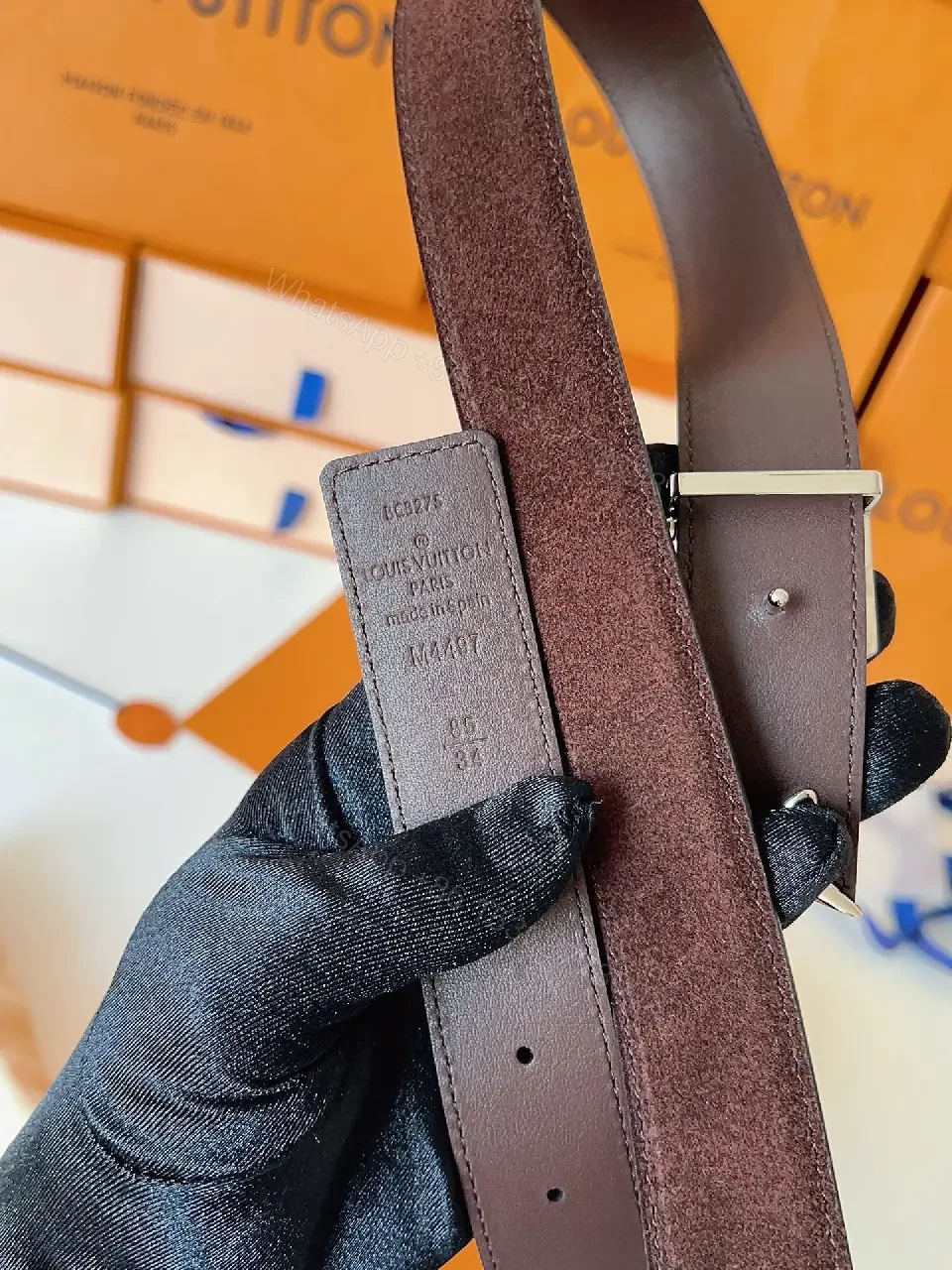 View 4 of Textured Leather Belt with Gold LV Buckle - Luxury Accessory Belt