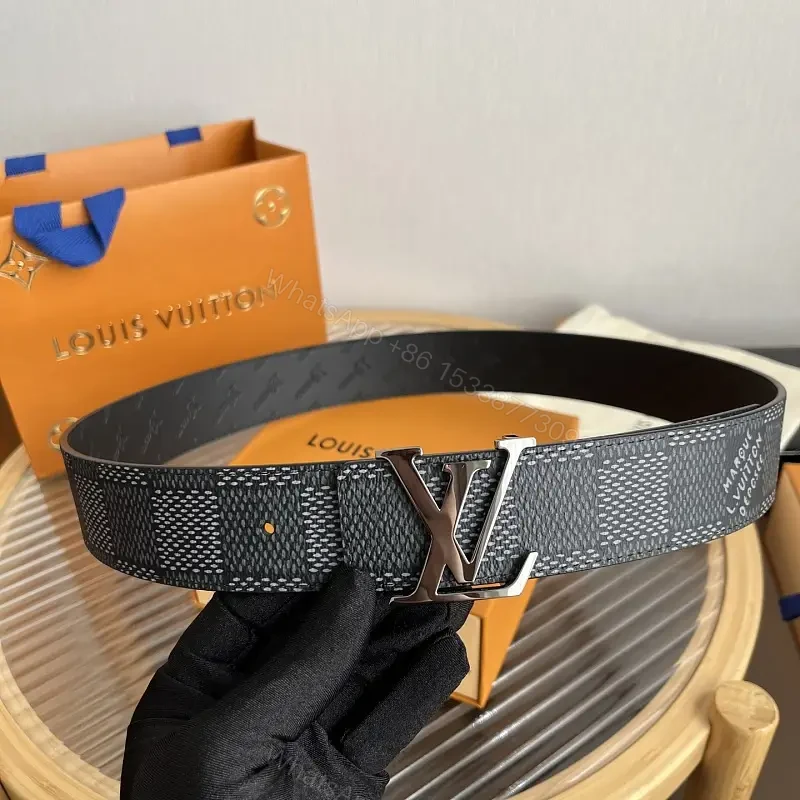 Black & Gray Belt with LV Buckle - Modern Geometric Monogram Strap — view 1