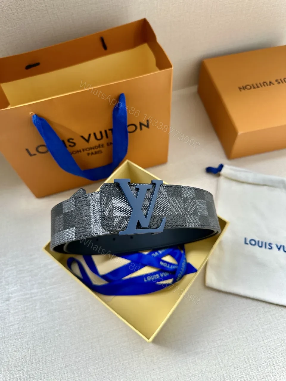View 2 of Monochrome Checkered Belt with LV Buckle - Premium Leather Belt