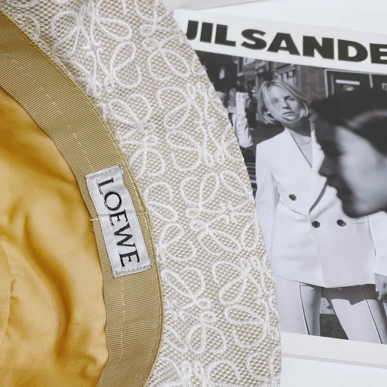 View 5 of White Jacquard Bucket Hat: Luxe Loewe Style, Leather Band, Unisex