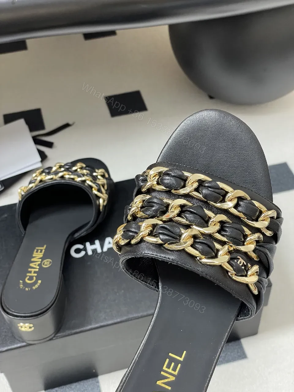 View 7 of Black Leather Slide Sandals with Gold Chain Detail: Luxe Everyday