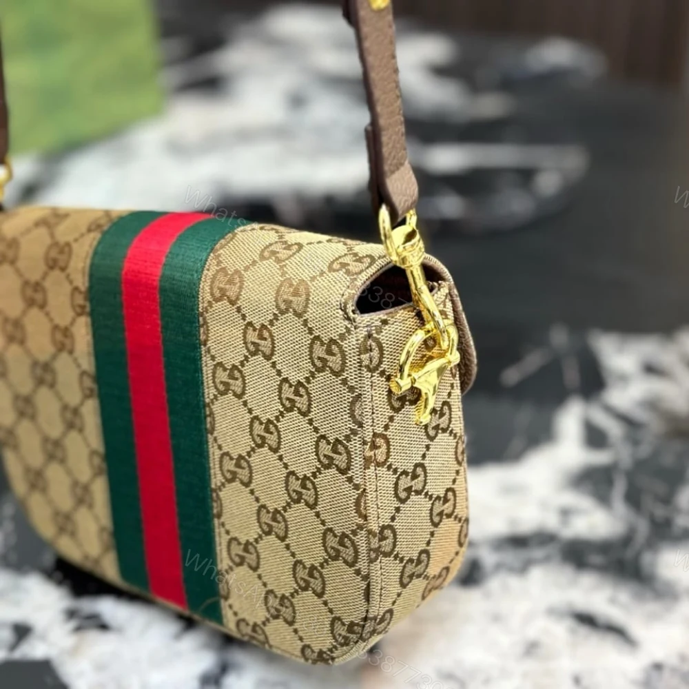 View 4 of Gucci Horsebit 1955 Small Shoulder Bag GG Canvas Sand And Brown 21cm