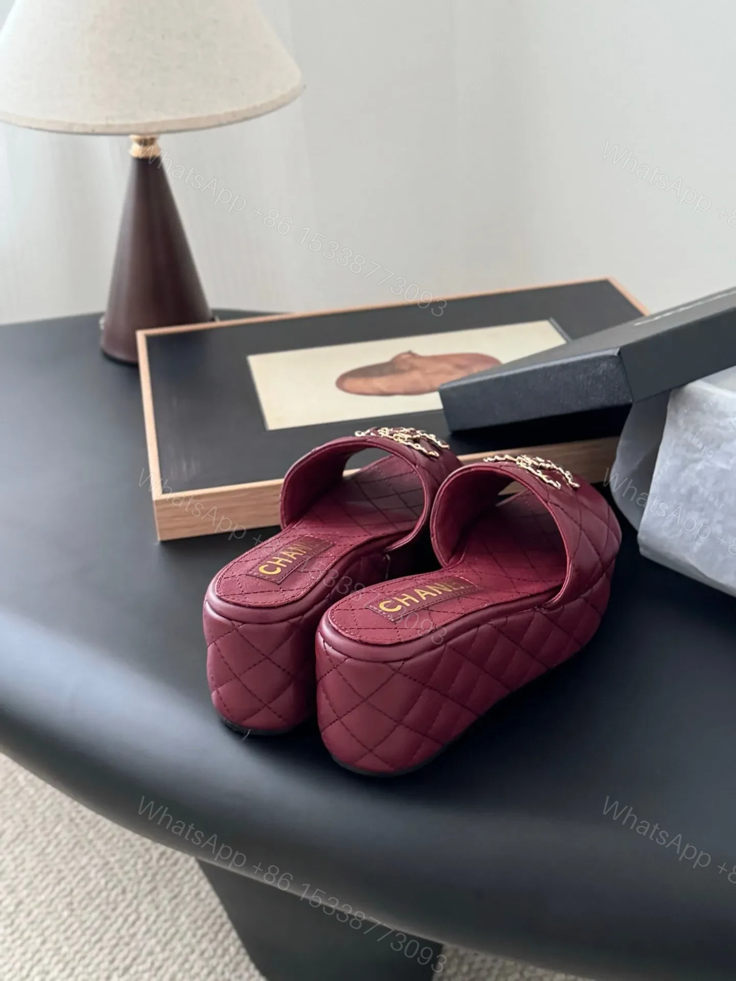 View 6 of Chanel Women Burgundy Quilted Leather Slides
