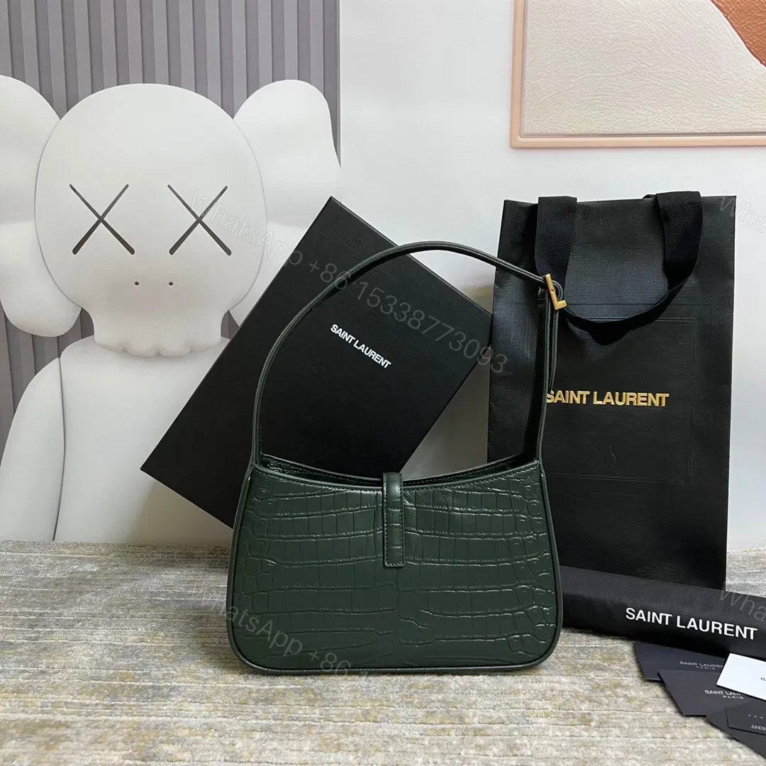 View 2 of SAINT LAURENT Le 5 À 7 Green Crocodile-effect Leather Shoulder Bag In Dark Green