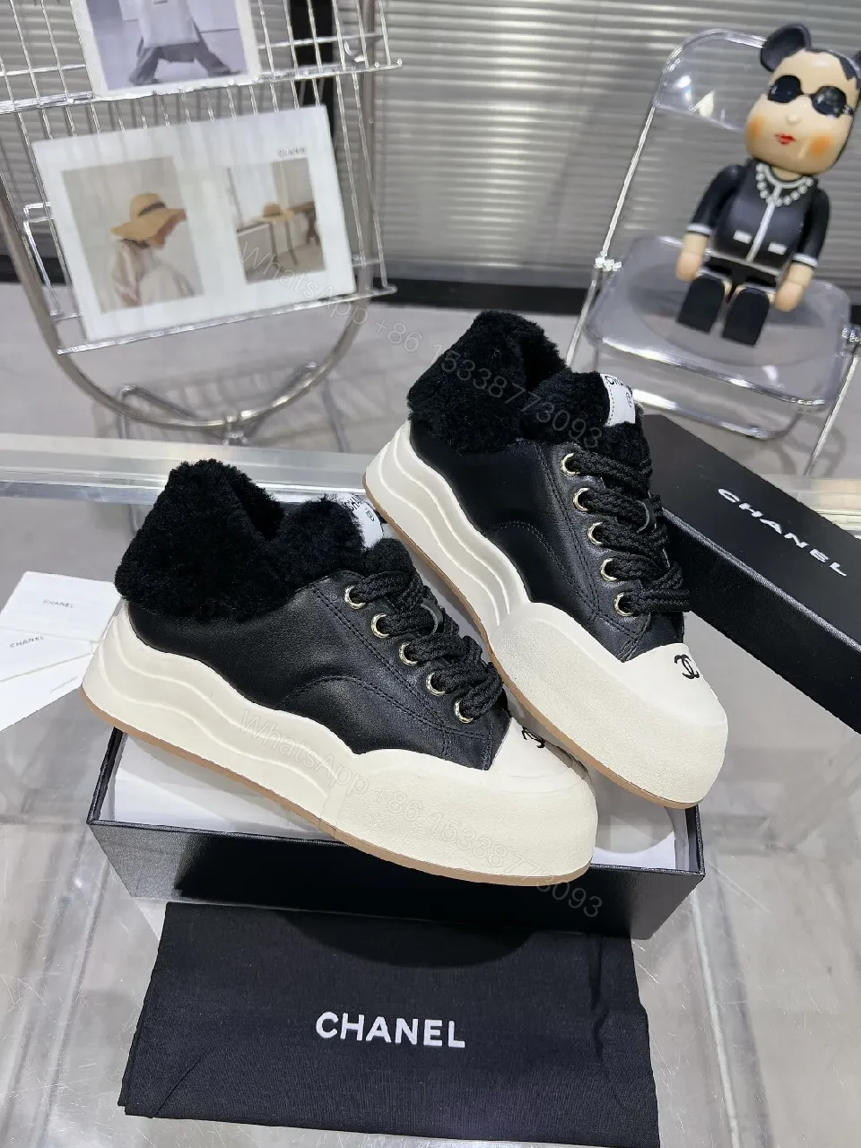 View 8 of Cream Knit-Chanel Inspired High-Tops with Plush Collar