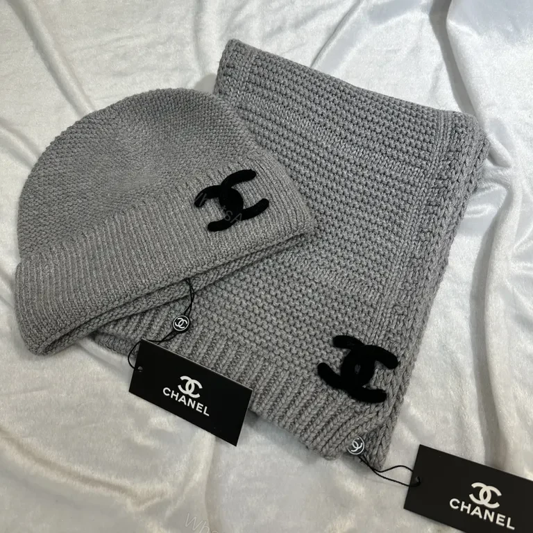 View 4 of Taupe Luxury Knit Set: Chanel-Accent Beanie & Scarf