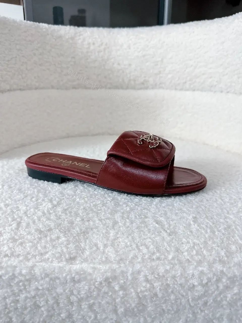 View 2 of Red Leather Chanel-Inspired Wide-Strap Slides: Luxe Everyday Elevation