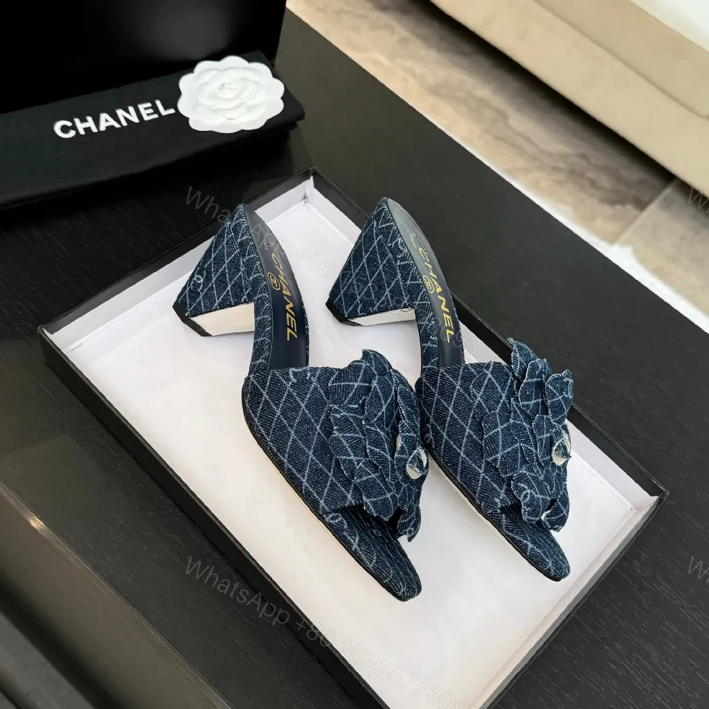 View 9 of Denim-Textured Mule Sandals with Luxe Emblem