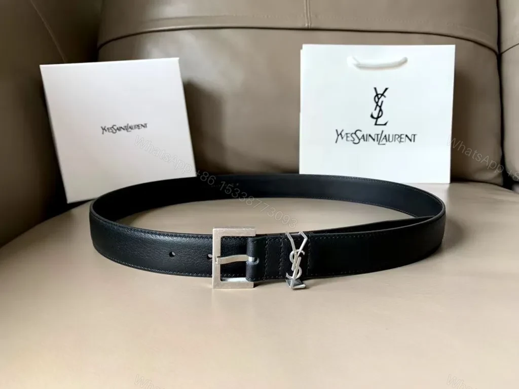 View 3 of Sleek Black Leather Belt with YSL Buckle â€“ Premiumâ€”Mid-Width