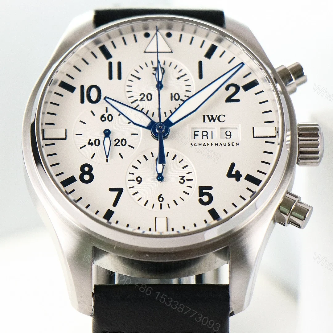 View 5 of IWC Pilot Chronograph White Replica 43MM Premium Steel Case Black Leather Strap Edition IWC-PILOT-CHR-WHT43-LTH
