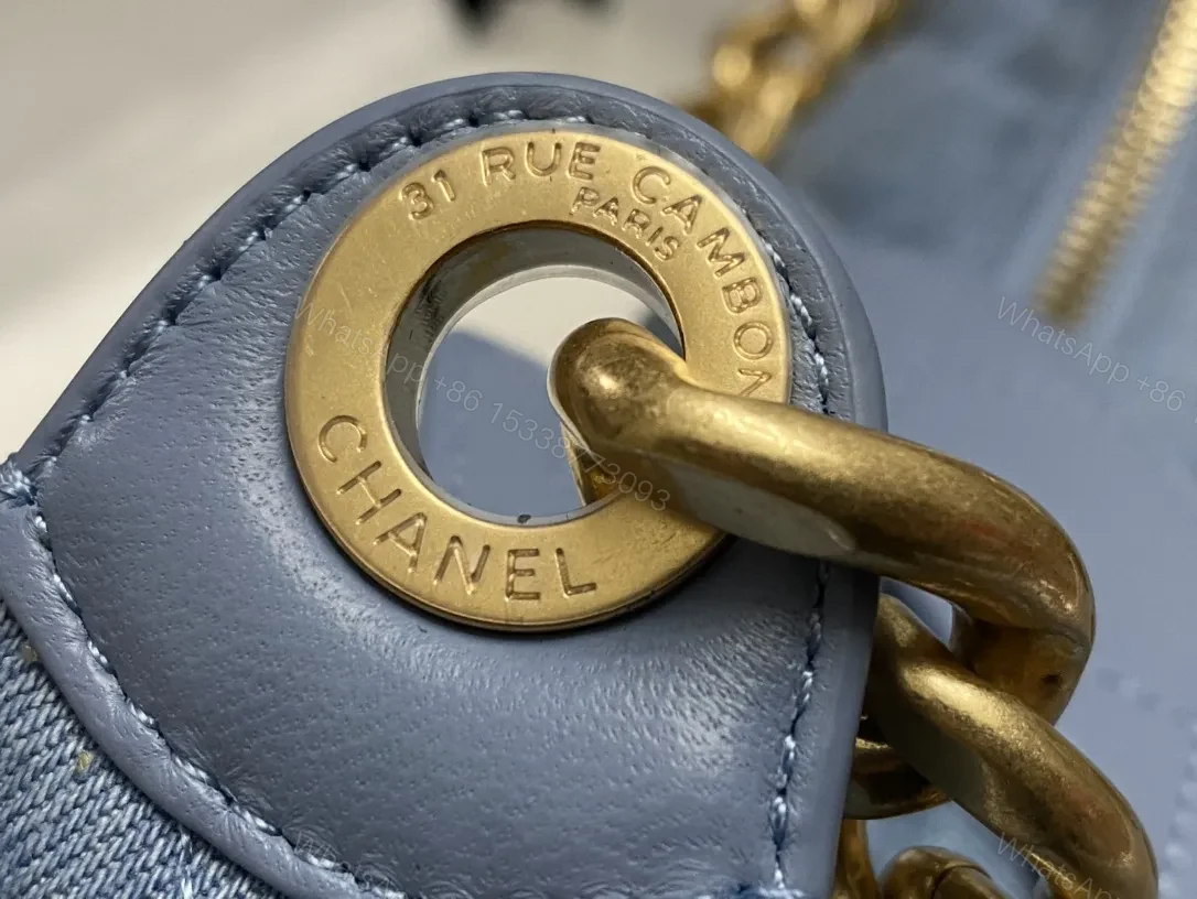 View 8 of Denim Quilted Mini Bag with Gold Chain Handle
