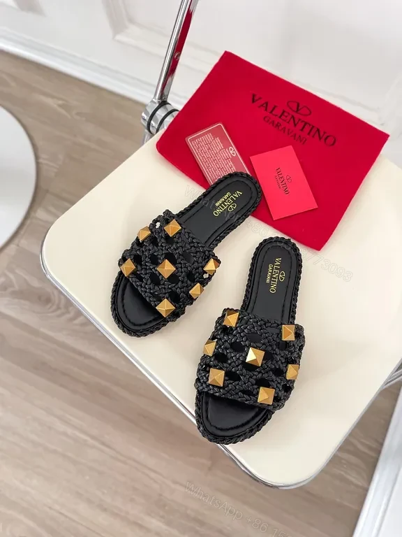 View 8 of Valentino Black Braided Slides with Gold Studs - Luxury Sandal