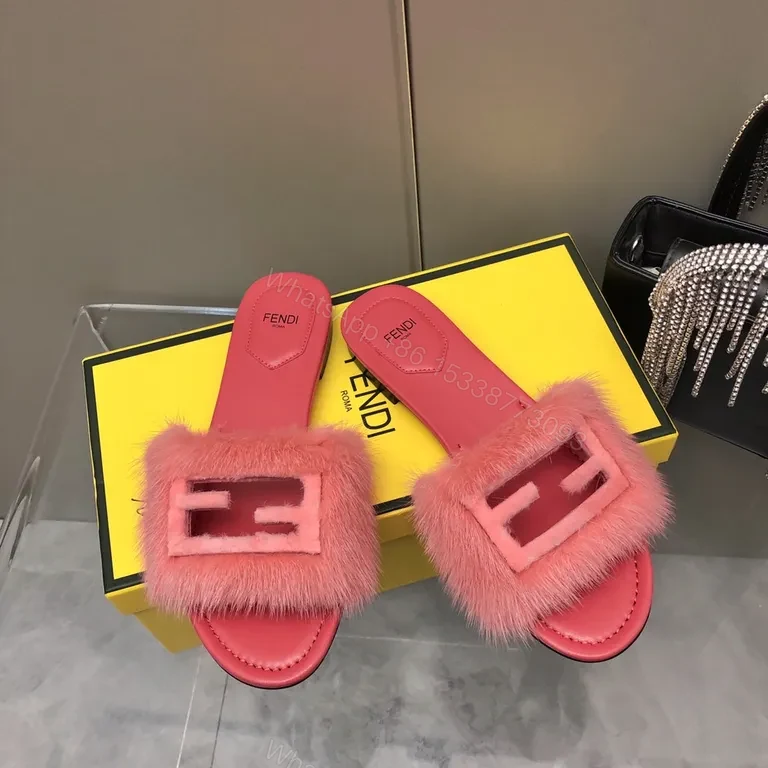 View 4 of Pink Fur-Trimmed Fendi Slides: Bold Comfort