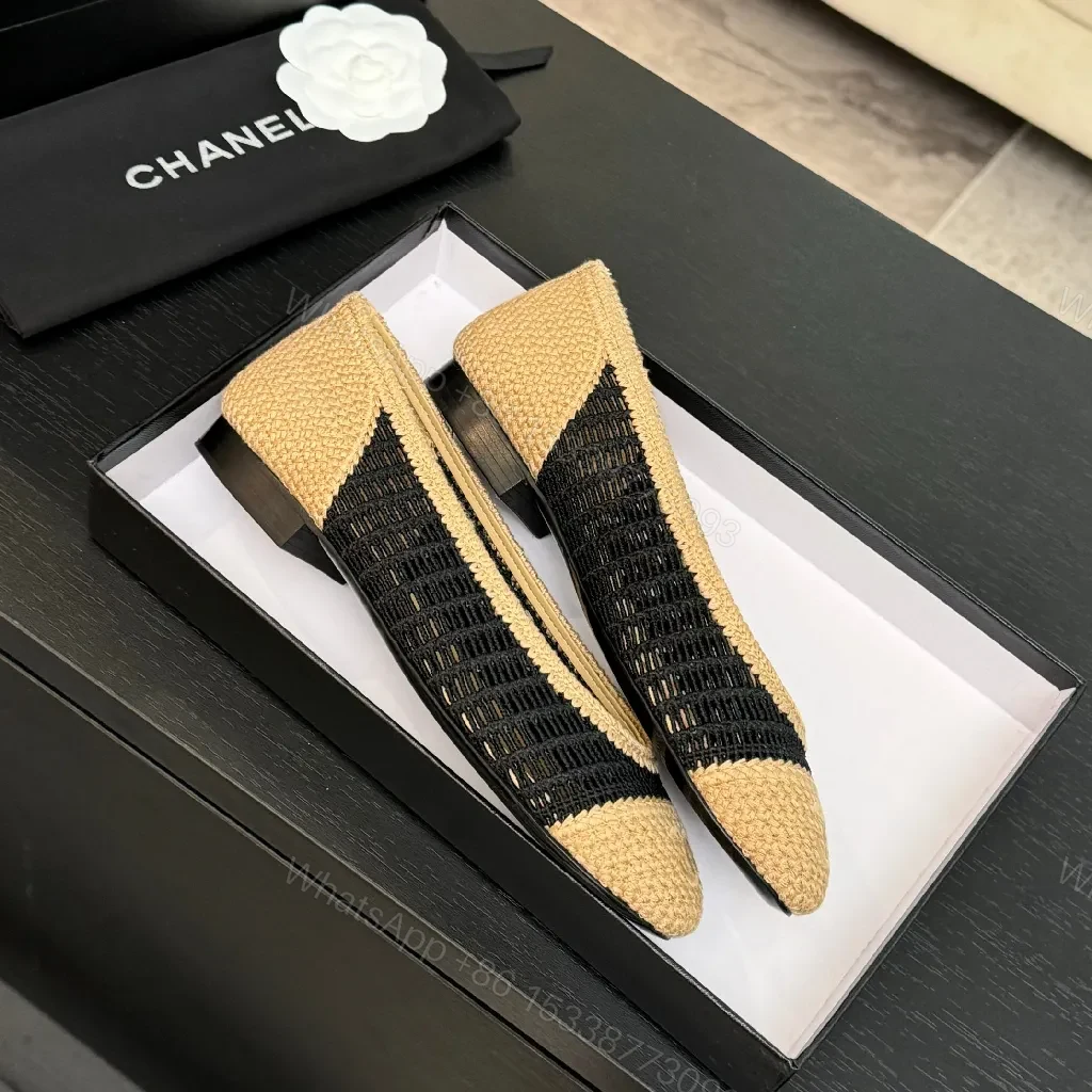 View 6 of Black knit + Linen beige + Chanel-inspired + Signature cap toe + Espadrille flats