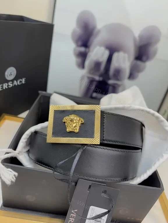 View 5 of Versace Black Leather Belt with Gold Medusa Buckle