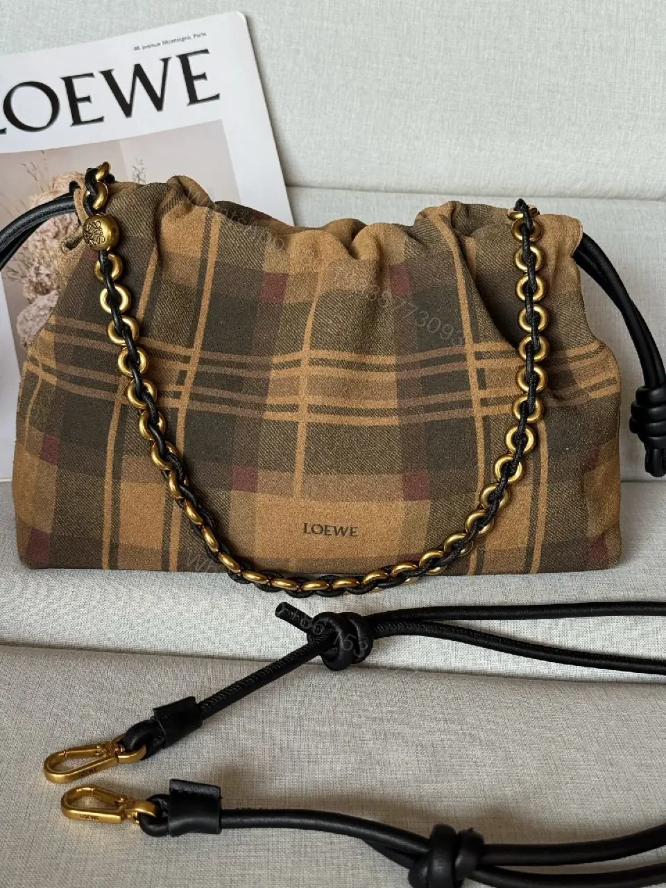 Brown Plaid Leather-Trim Shoulder Bag with Chain Detail — view 1