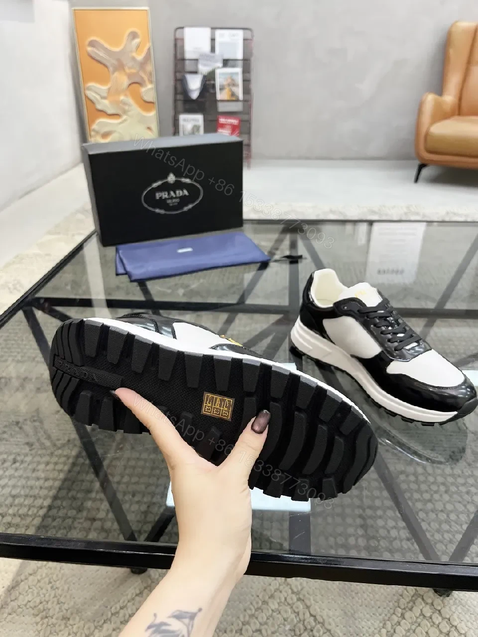 View 6 of Black & White Leather High-Tops with Prada Detailing - Luxe Comfort