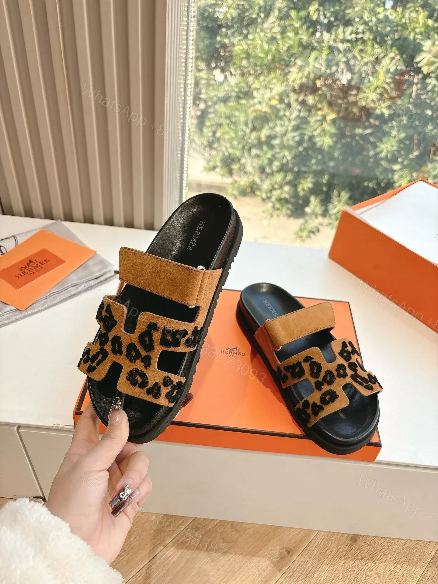 View 6 of Hermes Women Tan Suede Leopard Print Slippers