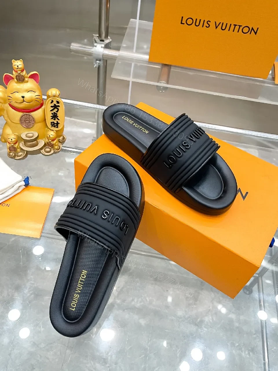 View 5 of Premium Black Slides with Striped Strap — Effortless Comfort