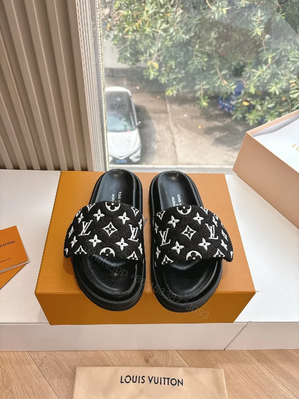 View 2 of Black Monogram Slide with LV Motif — Luxury Comfort Sandal