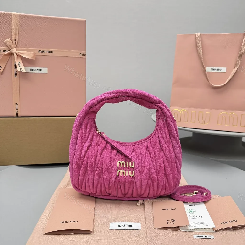 Velvet Mini Bag: Fuchsia, Gold Logo, Top-Handle Style — view 1