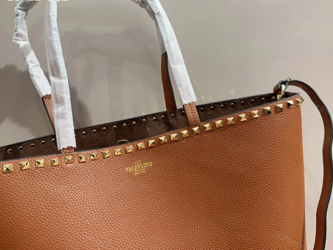 View 9 of VALENTINO GARAVANI ROCKSTUD GRAINY CALFSKIN TOTE BAG BROWN 35CM 1W2B0B70VSF HG5