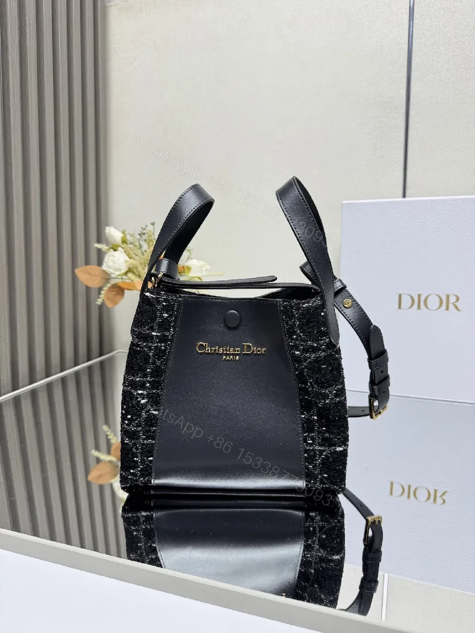 Compact Black Leather Tote with Textured Panel, Adjustable Strap — view 1