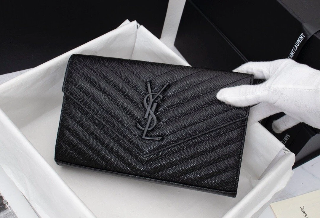 View 6 of Saint Laurent Matelasse Grain de Poudre Matte Black Monogram Chain Wallet
