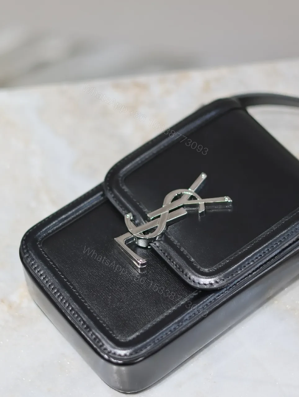 View 3 of Mini Crossbody: Black Leather, Luxe Chic, Logo Clasp, Crossbody Bag